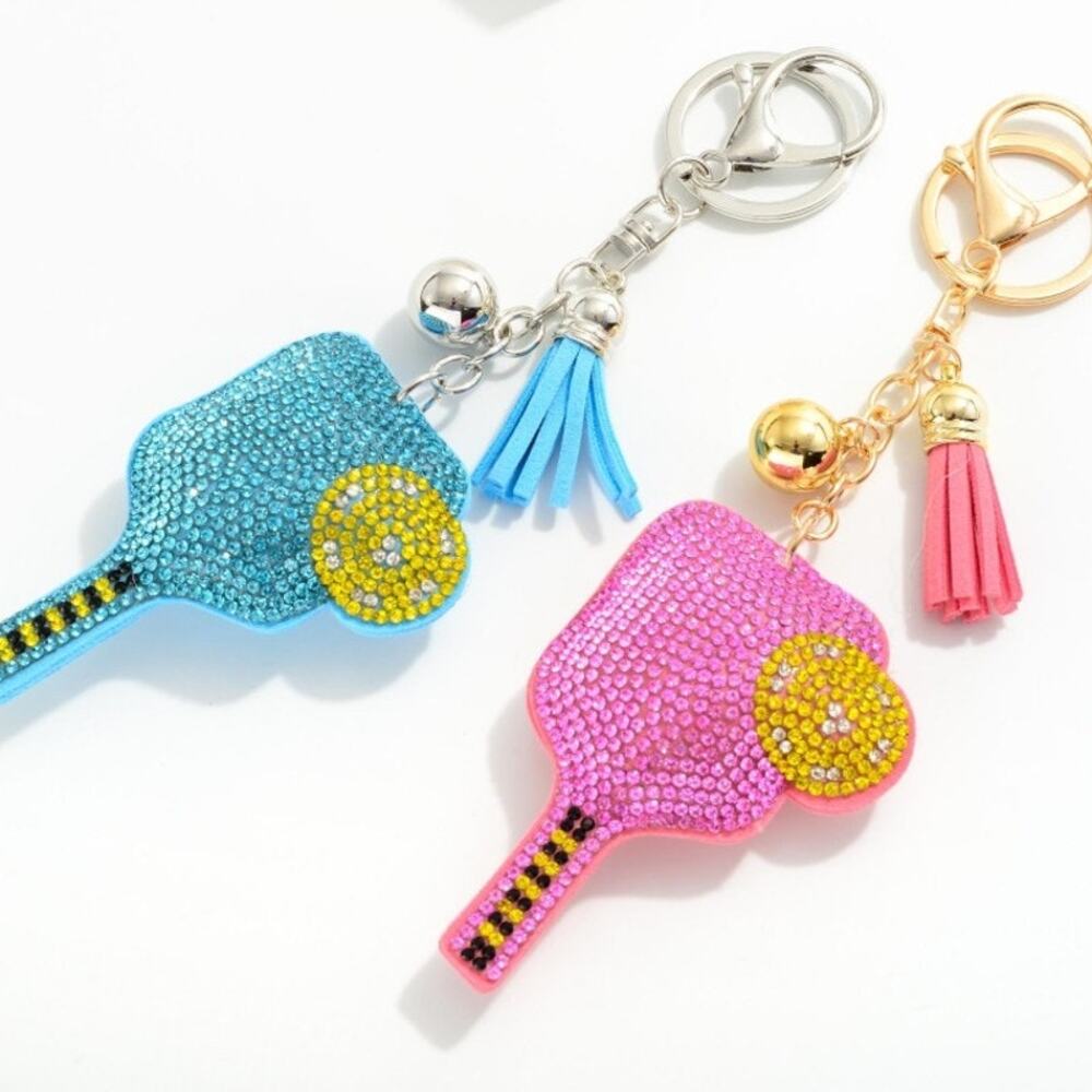 Pink Rhinestone Pickleball Racket Keyring With Tassel - Picture 2 of 2